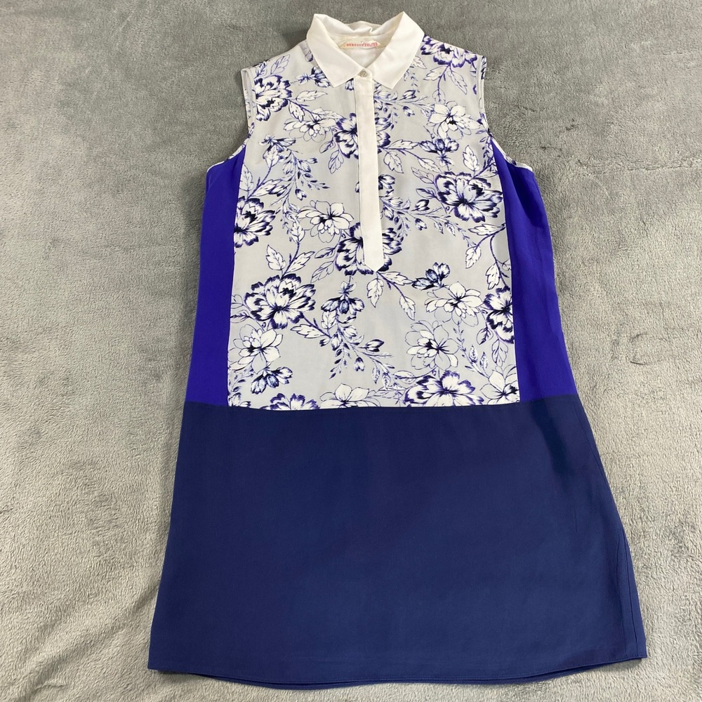 Rebecca Taylor Shirt Dress Womens 4 Blue Floral Silk Colorblock Sleeveless Shift